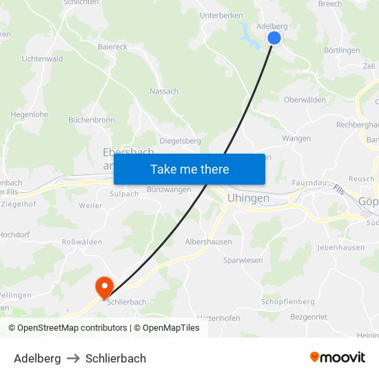 Adelberg to Schlierbach map