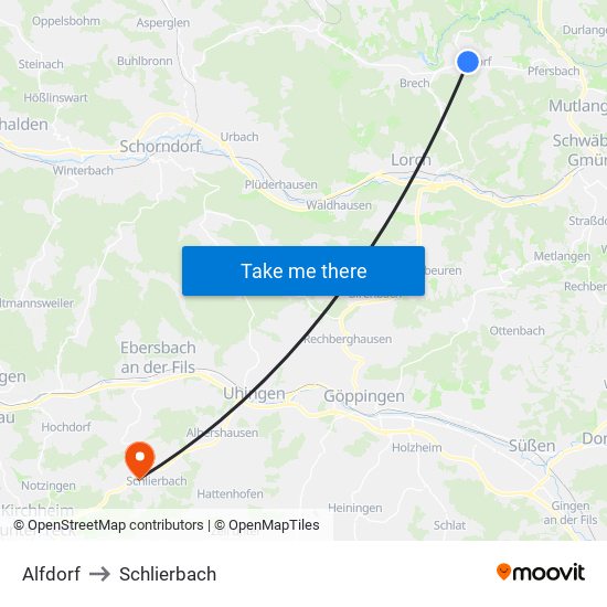 Alfdorf to Schlierbach map