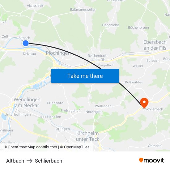 Altbach to Schlierbach map