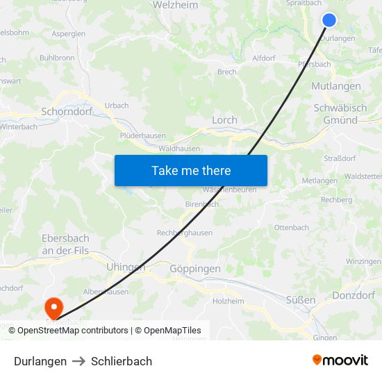 Durlangen to Schlierbach map