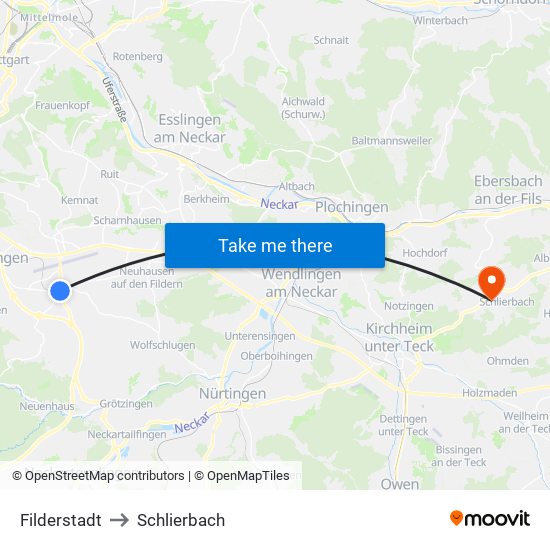 Filderstadt to Schlierbach map