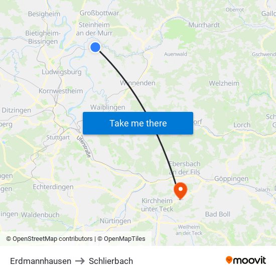 Erdmannhausen to Schlierbach map
