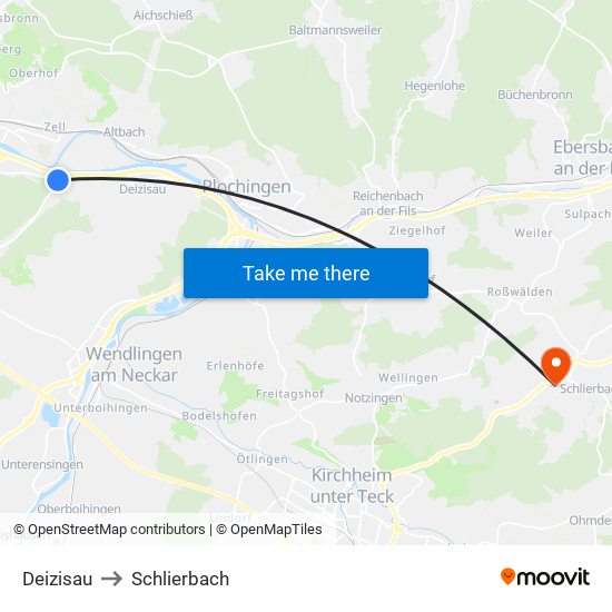 Deizisau to Schlierbach map