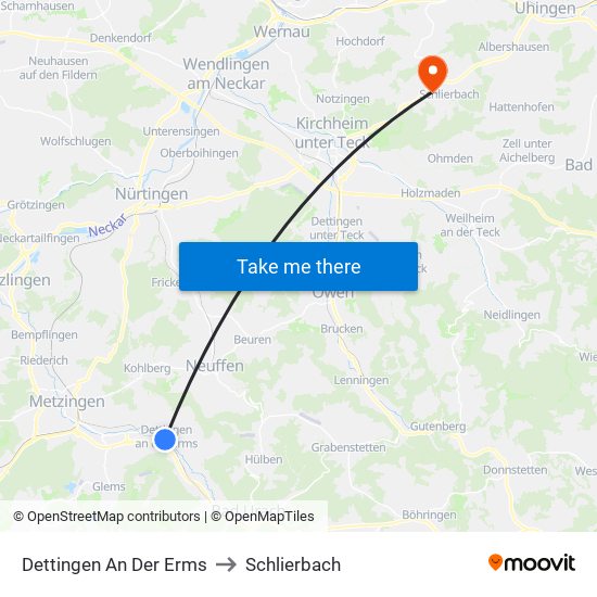 Dettingen An Der Erms to Schlierbach map