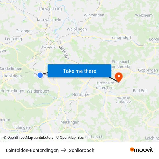 Leinfelden-Echterdingen to Schlierbach map