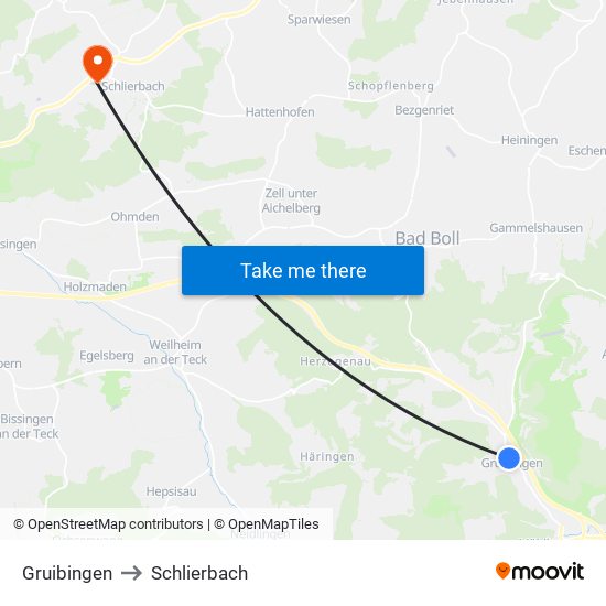 Gruibingen to Schlierbach map