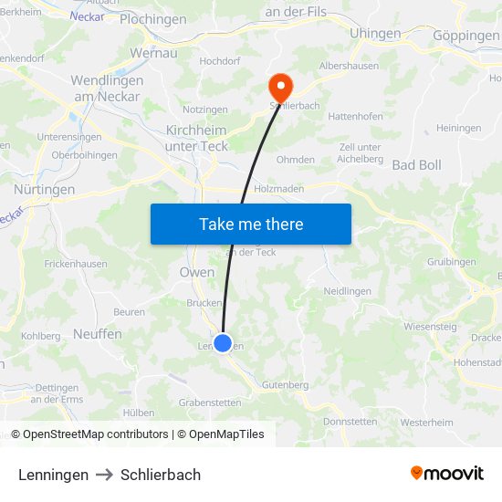 Lenningen to Schlierbach map