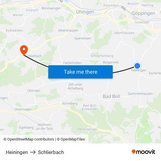 Heiningen to Schlierbach map