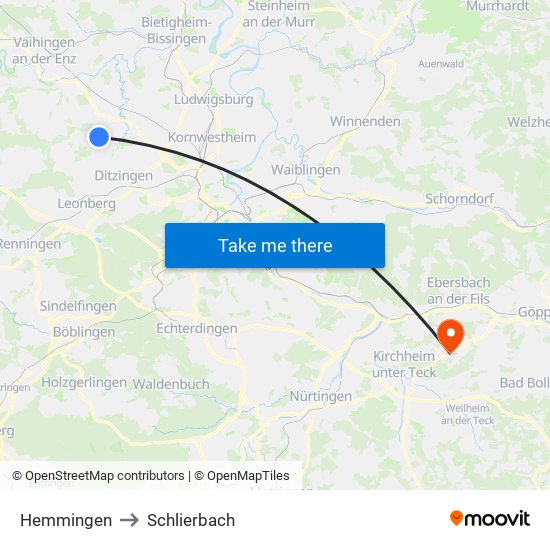 Hemmingen to Schlierbach map