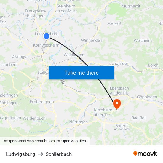 Ludwigsburg to Schlierbach map