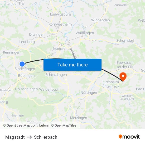 Magstadt to Schlierbach map