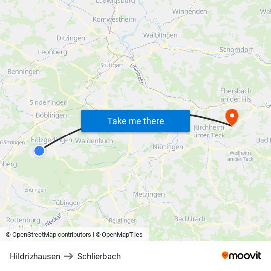 Hildrizhausen to Schlierbach map