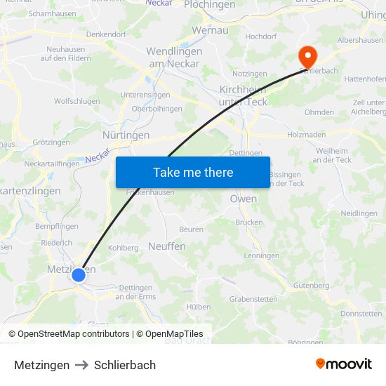 Metzingen to Schlierbach map