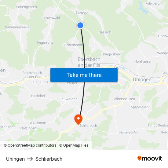 Uhingen to Schlierbach map