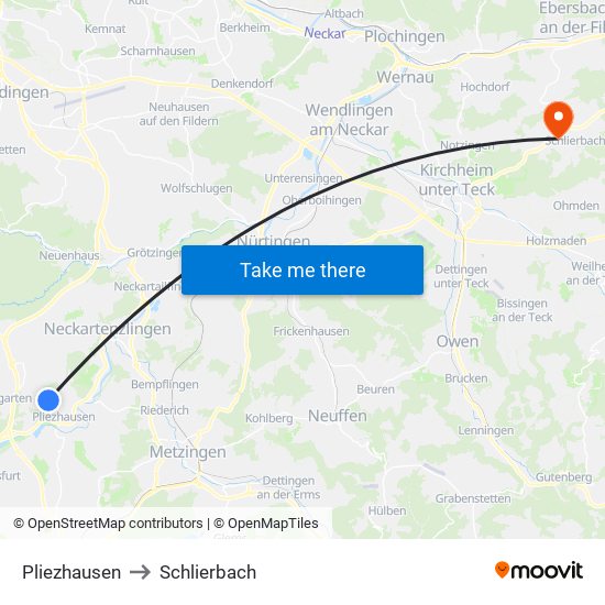 Pliezhausen to Schlierbach map