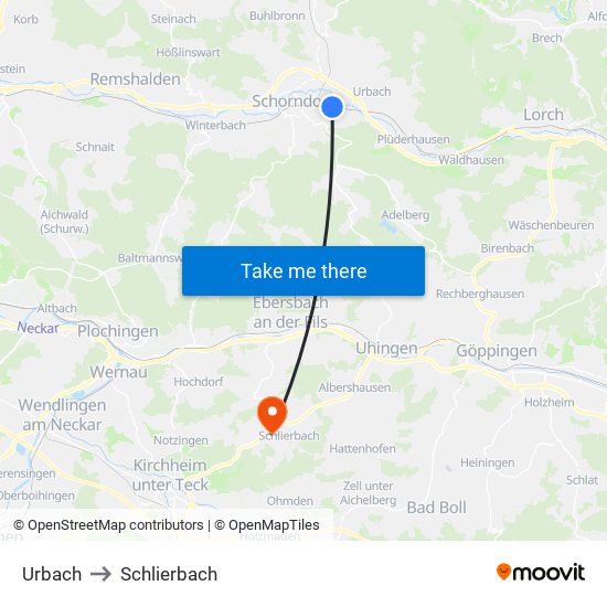 Urbach to Schlierbach map