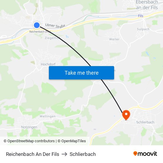 Reichenbach An Der Fils to Schlierbach map