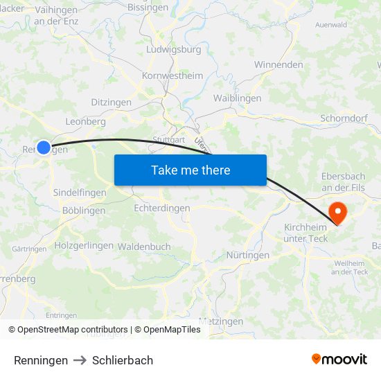 Renningen to Schlierbach map