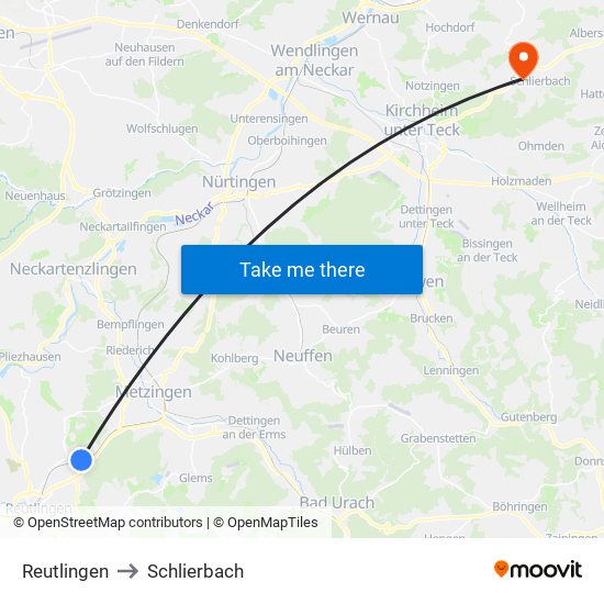 Reutlingen to Schlierbach map