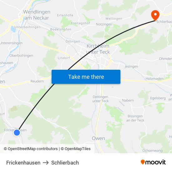 Frickenhausen to Schlierbach map