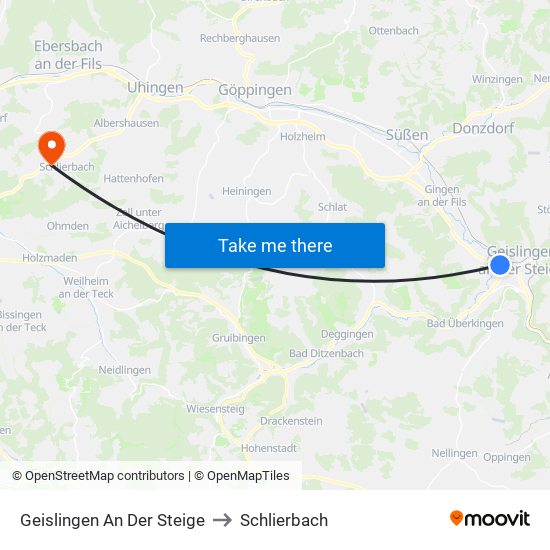 Geislingen An Der Steige to Schlierbach map