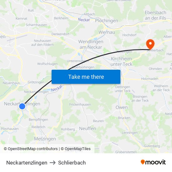 Neckartenzlingen to Schlierbach map