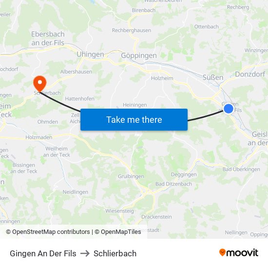 Gingen An Der Fils to Schlierbach map