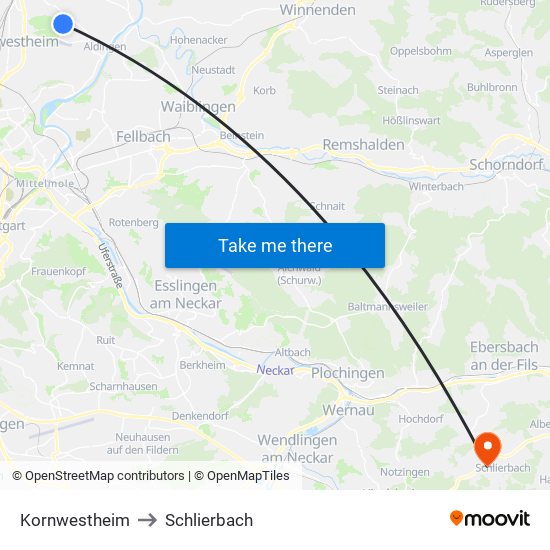 Kornwestheim to Schlierbach map