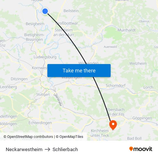 Neckarwestheim to Schlierbach map