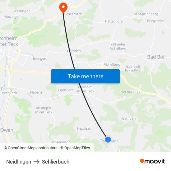 Neidlingen to Schlierbach map