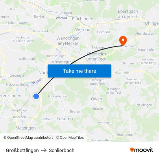 Großbettlingen to Schlierbach map