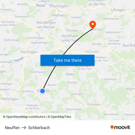 Neuffen to Schlierbach map