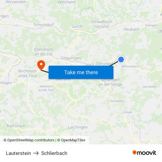 Lauterstein to Schlierbach map