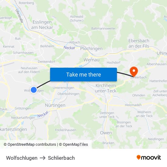 Wolfschlugen to Schlierbach map
