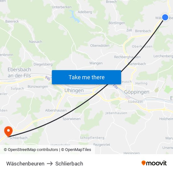 Wäschenbeuren to Schlierbach map