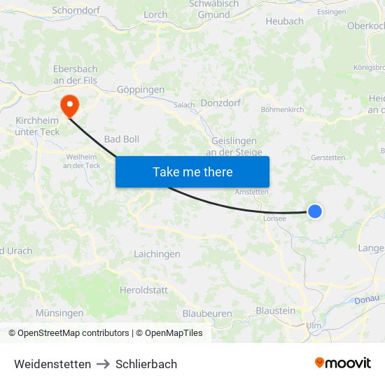 Weidenstetten to Schlierbach map