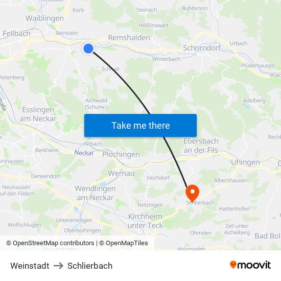 Weinstadt to Schlierbach map