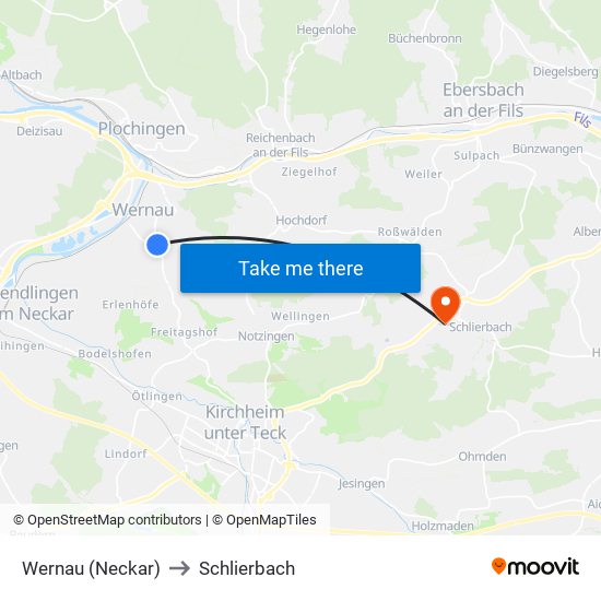 Wernau (Neckar) to Schlierbach map