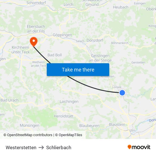 Westerstetten to Schlierbach map