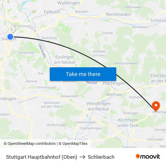 Stuttgart Hauptbahnhof (Oben) to Schlierbach map