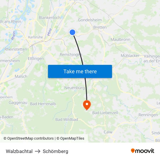 Walzbachtal to Schömberg map