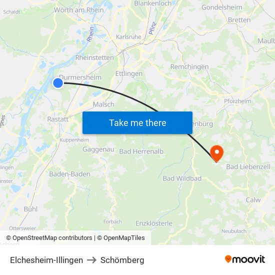 Elchesheim-Illingen to Schömberg map