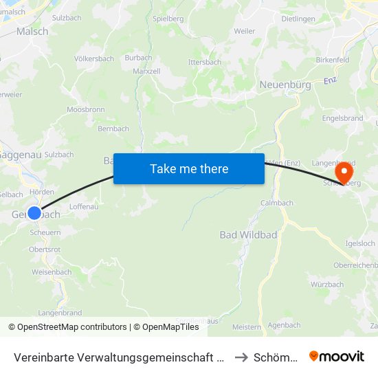 Vereinbarte Verwaltungsgemeinschaft Gernsbach to Schömberg map