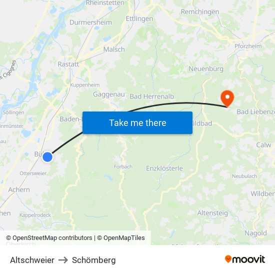 Altschweier to Schömberg map