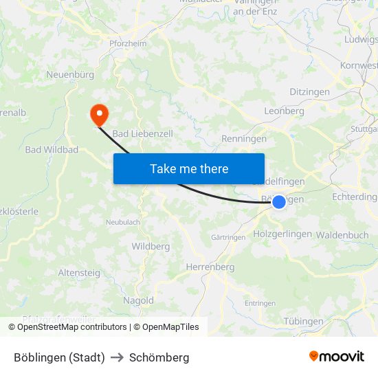 Böblingen (Stadt) to Schömberg map