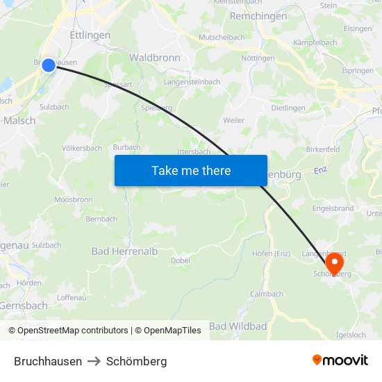 Bruchhausen to Schömberg map