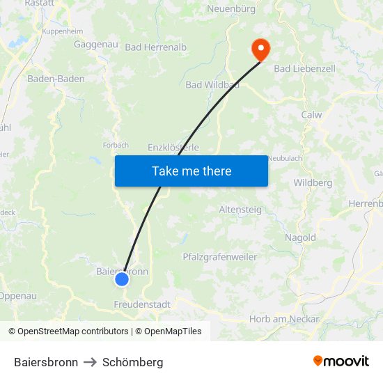 Baiersbronn to Schömberg map