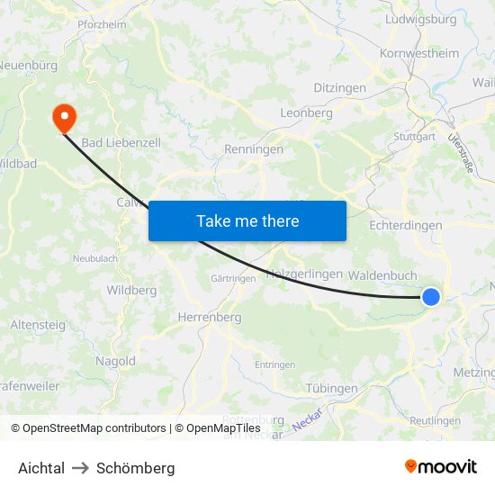 Aichtal to Schömberg map