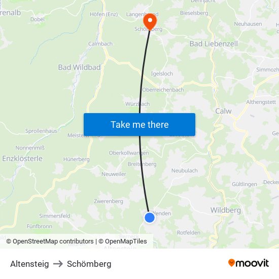 Altensteig to Schömberg map