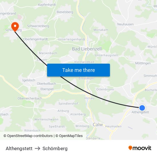 Althengstett to Schömberg map